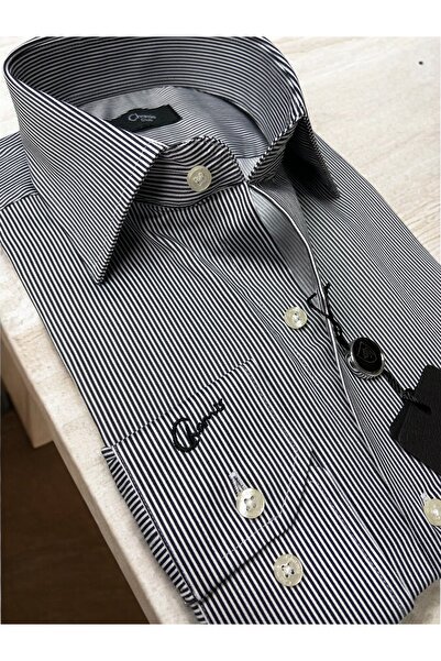 Chamis Regularfit Black Striped Cotton Satin Long Collar Shirt