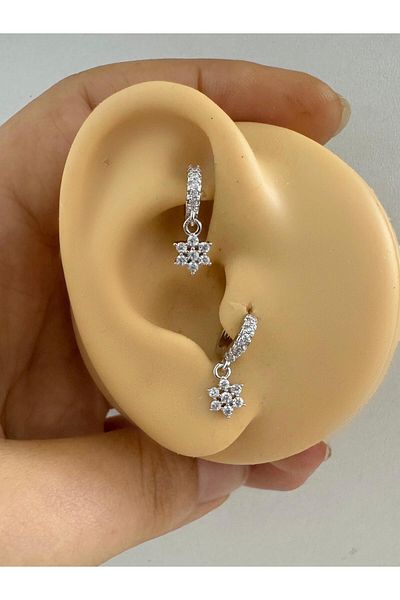 Arescollection Zircon Stone Flower Dangle Tragus Piercing Minimal Halo Ring