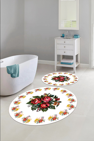 Napoli Home Σετ τουαλέτας με στρογγυλό χαλάκι μπάνιου με ψηφιακό μοτίβο λουλουδιών που πλένεται