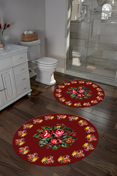 Napoli Home Digital Washable Framed Floral Pattern Round Bath Mat Toilet Set