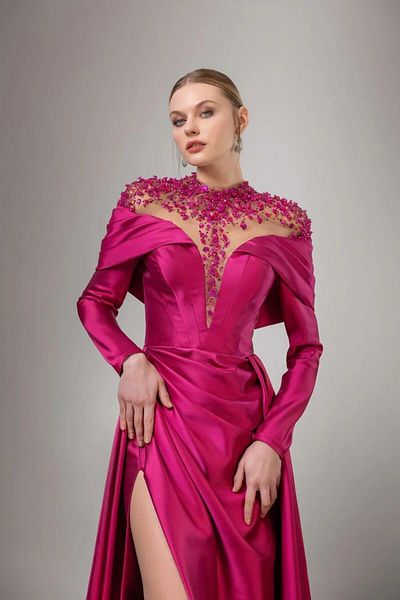 Katre Kenzel Draped Long Dress - Embroidered Collar Detail, Long Sleeve