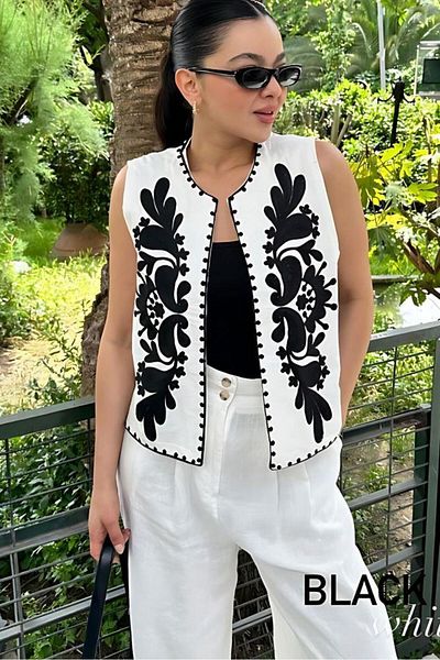 Ravencia Leaf Embroidered Black-White Women's Vest - Lined