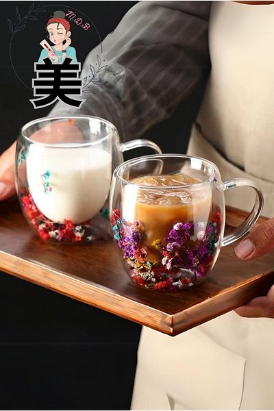 FORSEİ LUCA Borosilicate Double Sided Floral Cup 250ml Coffee Tea Cold Soft Drink Cup 1 Piece