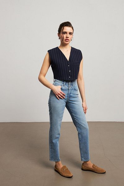 YOUR NAME Padded Crop Striped Navy Blue Women's Vest