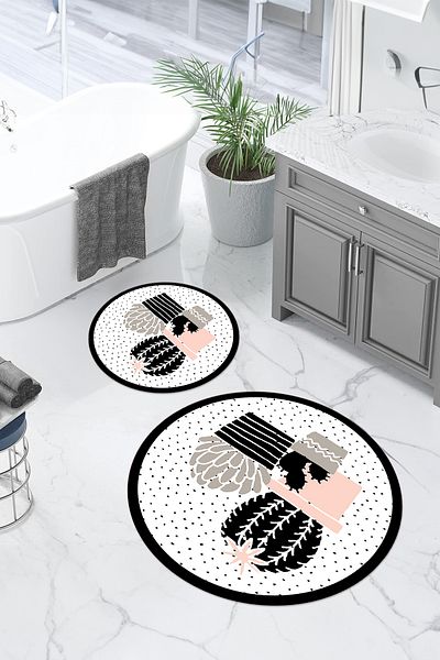 Napoli Home Set de scaune de toaletă rotundă pentru baie, lavabil digital, model cactus modern, KLOZET-93-ALB,