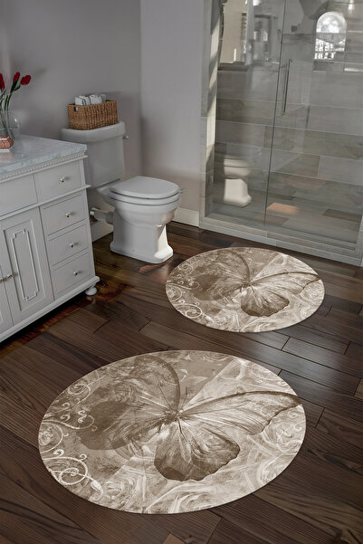 Napoli Home Ψηφιακό σετ τουαλέτας με στρογγυλό χαλάκι μπάνιου με πολύχρωμο μοντέλο πεταλούδας που πλένεται