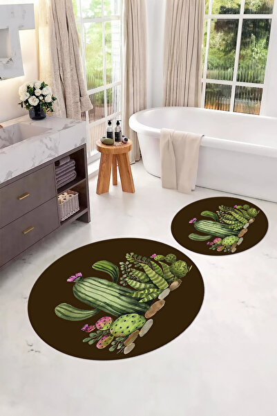 Napoli Home Ψηφιακό σετ τουαλέτας με αντιολισθητική βάση με σχέδιο κάκτου, στρογγυλό χαλάκι μπάνιου