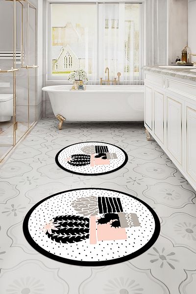 Napoli Home Set de scaune de toaletă rotundă pentru baie, lavabil digital, model cactus modern, KLOZET-93-ALB,