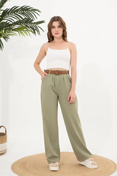 Ravencia Жіночі брюки палаццо кольору хакі - з поясом і складками