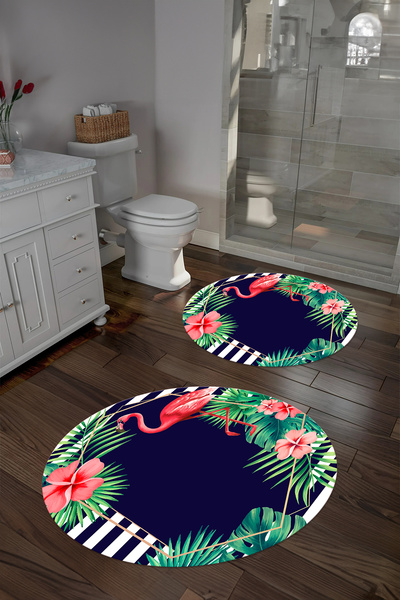 Napoli Home Ψηφιακό σετ τουαλέτας με στρογγυλό χαλάκι μπάνιου με μοτίβο φλαμίνγκο που πλένεται