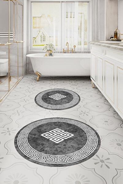 Napoli Home Κλασικό μοντέλο στρογγυλό χαλάκι μπάνιου με ψηφιακό πλενόμενο πλαίσιο και σετ τουαλέτας