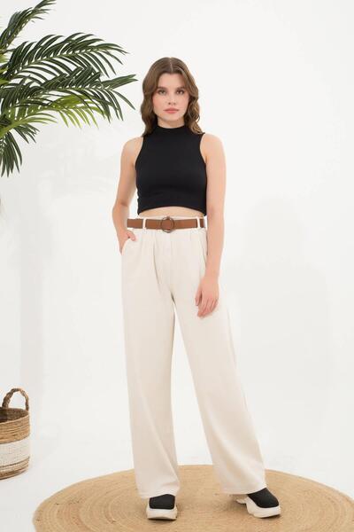 Ravencia Бежеві штани з поясом і складками Palazzo для жінок