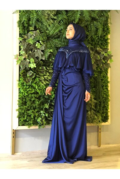 Katre Kenzel Satin Collar and Stone Sleeves Evening Dress
