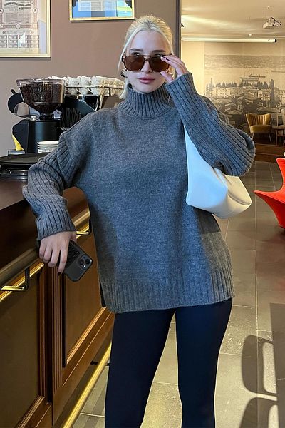 Madmext Anthracite Half Turtleneck Wick Detailed Women's Sweater Mg2156
