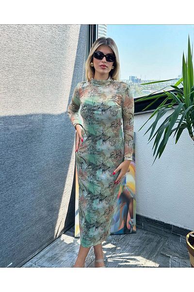 Kübra Tekstil Rochie maxi cu mânecă lungă cu imprimeu pe jumătate cu gât țesut - 175