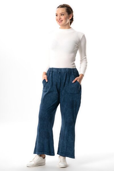 Eliş Şile Bezi Çisel Çift Cepli Sonbahar ve Kışlık Beli Lastikli Triko Pantolon İndigo indg