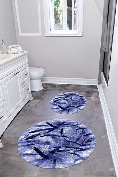 Napoli Home Ψηφιακό σετ τουαλέτας με αντιολισθητική βάση με μοτίβο φύλλων, στρογγυλό χαλάκι μπάνιου