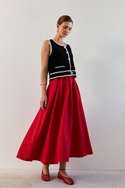 YOUR NAME Yüksek Bel Pile Detaylı Kırmızı Uzun Etek
