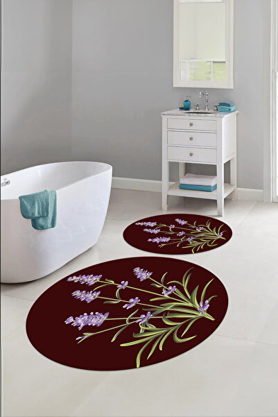 Napoli Home Baskılı Yıkanabilir Sade Çiçek Desenli Yuvarlak Banyo Paspası Klo...