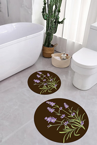 Napoli Home Σετ τουαλέτας με στρογγυλό χαλάκι μπάνιου με στάμπα με απλό σχέδιο λουλουδιών που πλένεται