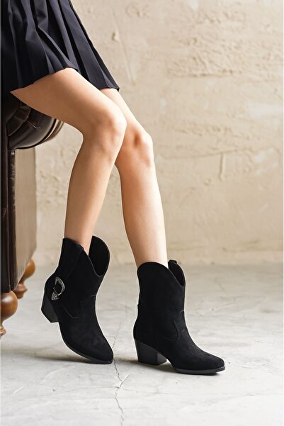 GOFFSHOES Kadın Lola Kemer Detay Kısa Topuklu Siyah Süet Kov - Siyah