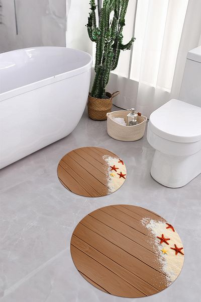 Napoli Home Set de scaune de toaletă rotundă pentru baie, lavabilă digitală, modernă, stea de mare, KLOZET-72-BROWN,