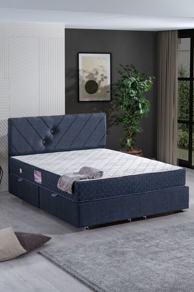 Setay Lux Class Çift Kişilik Yandan Açılır Baza Başlık Deluxe Yatak Seti, Lacivert