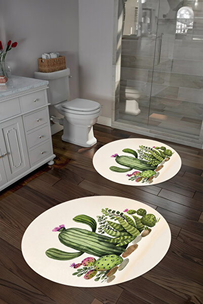 Napoli Home Ψηφιακό σετ τουαλέτας με αντιολισθητική βάση με σχέδιο κάκτου, στρογγυλό χαλάκι μπάνιου