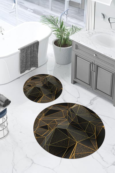 Napoli Home Printed Washable Geometric Patterned Round Bath Mat Toilet Set, Toilet-87-Gold,