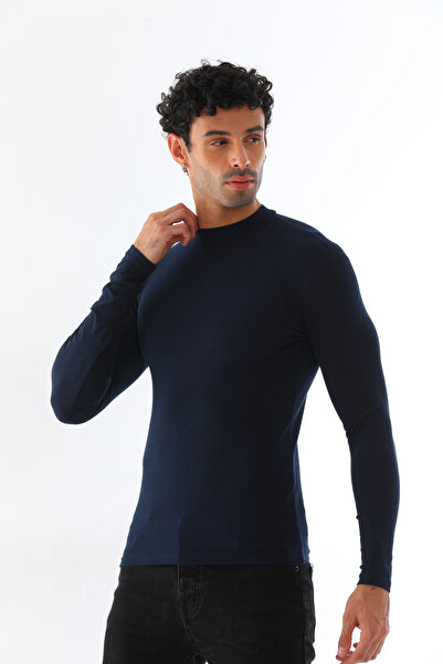 penyebizden Ανδρικό μπλουζάκι με ψηλό γιακά με λεπτή εφαρμογή από βαμβακερό Lycra-Μπλε Navy