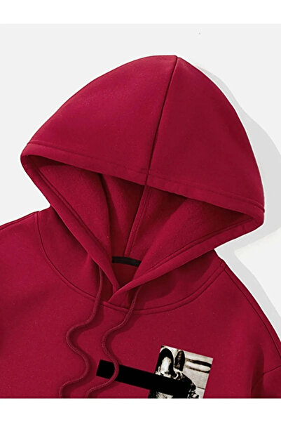 NO 601 Φούτερ με κουκούλα Unisex Red New Moment με στάμπα μεγάλου μεγέθους