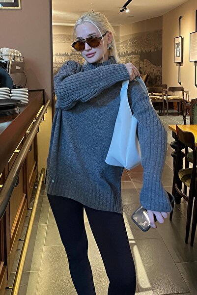 Madmext Anthracite Half Turtleneck Wick Detailed Women's Sweater Mg2156