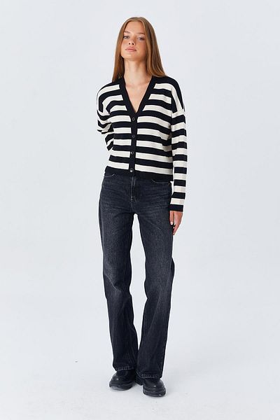 Mixray 6892 Model Black Striped Women's Textured Cardigan