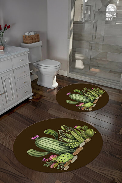 Napoli Home Ψηφιακό σετ τουαλέτας με αντιολισθητική βάση με σχέδιο κάκτου, στρογγυλό χαλάκι μπάνιου