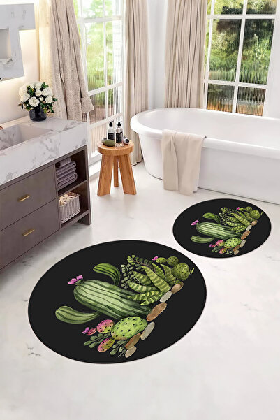 Napoli Home Ψηφιακό σετ τουαλέτας με αντιολισθητική βάση με σχέδιο κάκτου, στρογγυλό χαλάκι μπάνιου