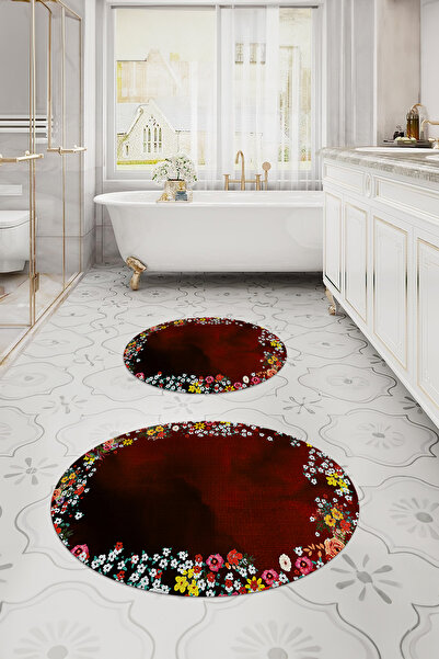 Napoli Home Digital Washable Colorful Floral Pattern Round Bath Mat Toilet Set