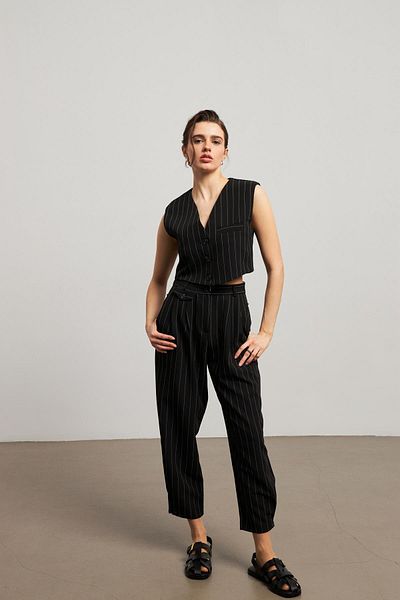 YOUR NAME Pleat Detailed Striped Black Women's Balloon Trousers