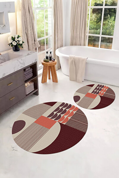 Napoli Home Digital Washable Non-Slip Base Modern Pattern Round Bath Mat Toilet Set