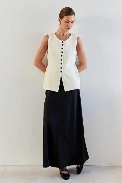 YOUR NAME Fusta lungă din satin negru cu talie înaltă