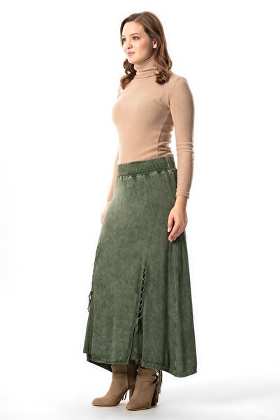 Eliş Şile Bezi Beli Lastikli Berra Bağlama Detaylı Sonbahar ve Kışlık Uzun Triko Etek Haki Hk