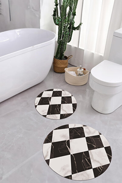 Napoli Home Σετ τουαλέτας με στρογγυλό χαλάκι μπάνιου με μοτίβο από μάρμαρο που πλένεται ψηφιακά