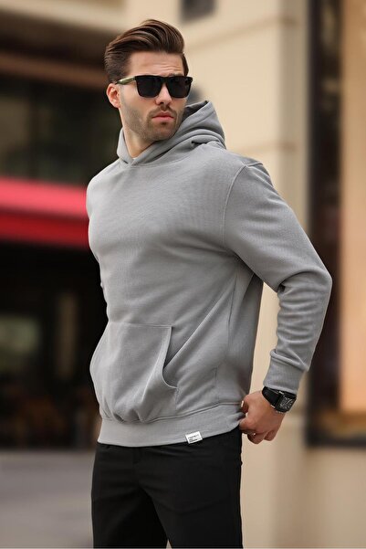 Madmext Gray Hooded Sweatshirt 7095 - Pocket Detailed