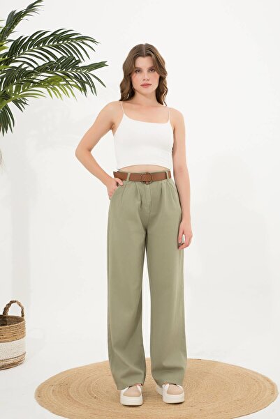 Ravencia Жіночі брюки палаццо кольору хакі - з поясом і складками