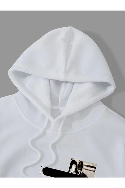 NO 601 Φούτερ με κουκούλα Unisex White New Moment με στάμπα μεγάλου μεγέθους