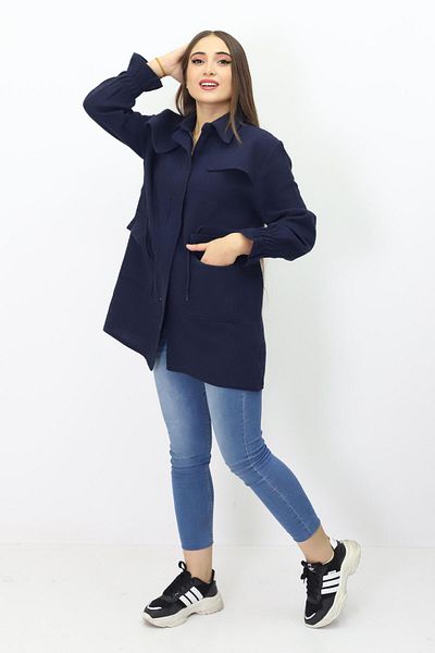 Kamex Women's Woven Pocket Detailed Trench Coat Navy Blue
