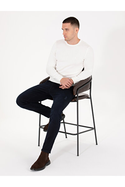 Pierre Cardin Εκρού Πουλόβερ Στενής Γραμμής με Λαιμόκοψη Ποδηλάτου Βασικό Πλε...