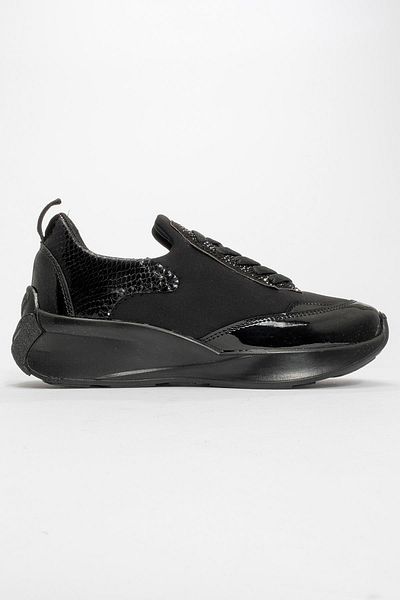 Ccway Stretch Women's Sneakers - Lace-Up and Stone Detail, Black
