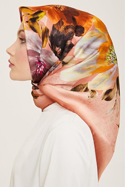 Armine Καφέ - Πορτοκαλί Μοτίβο Λουλούδια Μεταξωτό Φουλάρι Sura 9133 - 50