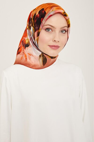 Armine Καφέ - Πορτοκαλί Μοτίβο Λουλούδια Μεταξωτό Φουλάρι Sura 9133 - 50