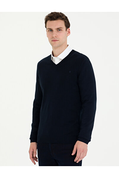 Pierre Cardin Pulover tricotat de bază, slim fit, cu decolteu în V, bleumarin...